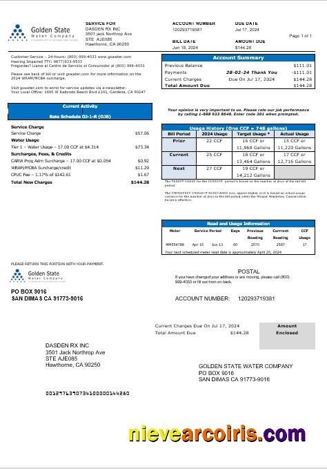 USA California Golden State Water Company business utility bill